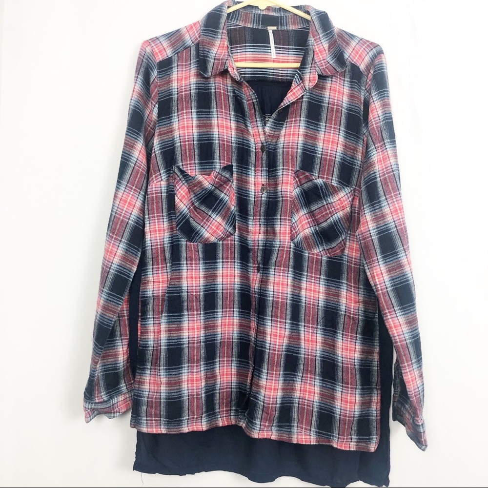Free People Plaid and Floral Navy Top